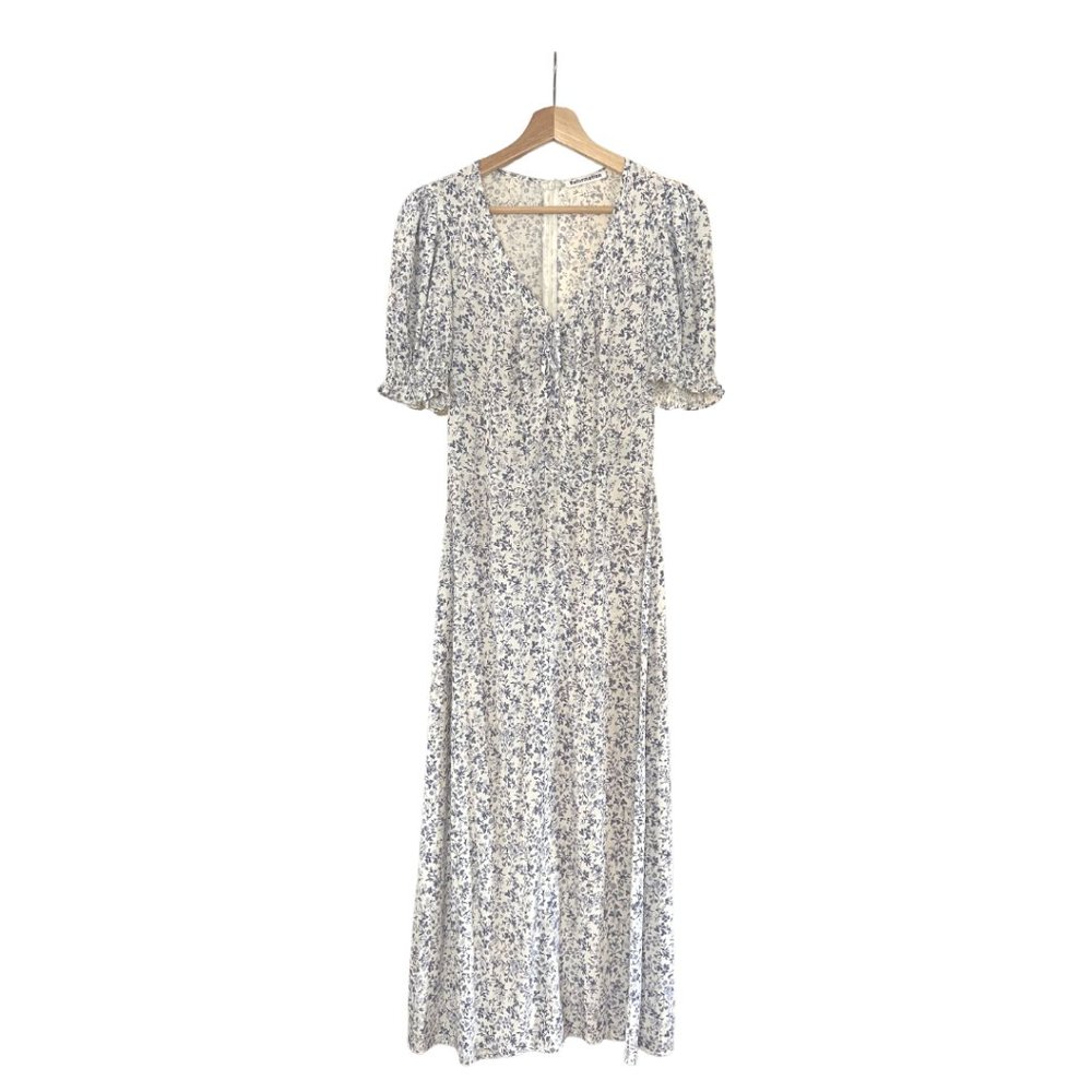 Reformation Dress White blue flowers short gathered sleeves, tie front size 2